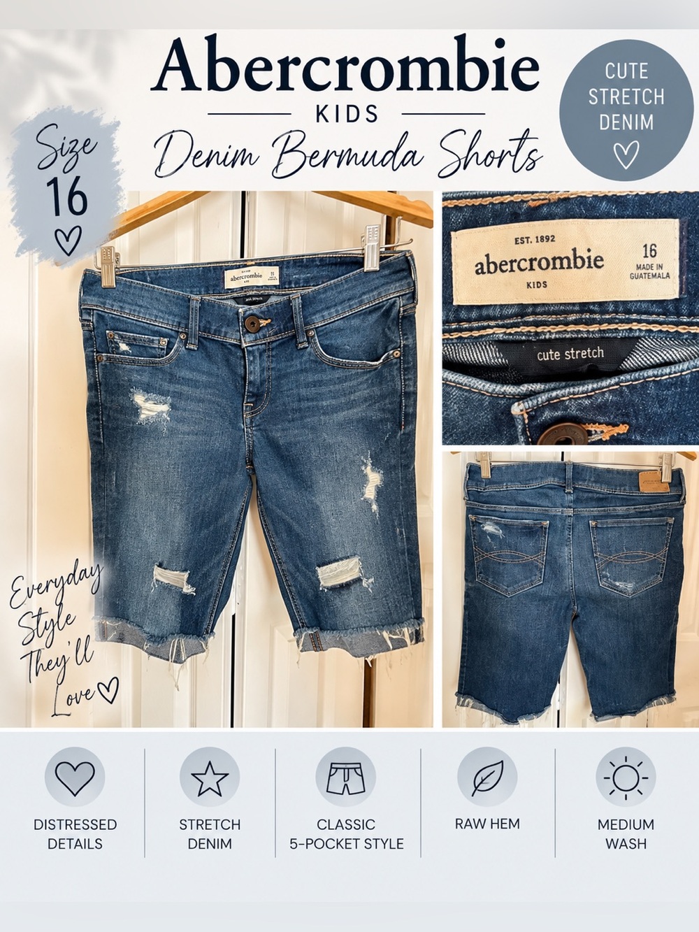 Abercrombie Kids Distressed Bermuda Jean Shorts – Size 16